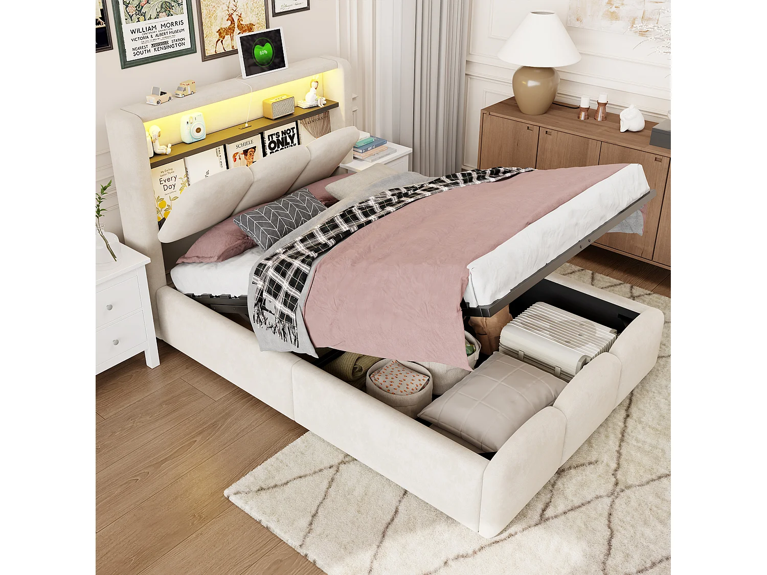 Lit coffre capitonné 90x200 - avec ports USB + Type-C - avec éclairage LED - Beige (matelas non inclus)