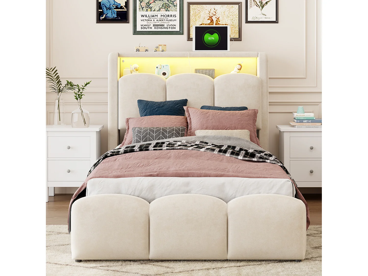 Lit coffre capitonné 90x200 - avec ports USB + Type-C - avec éclairage LED - Beige (matelas non inclus)