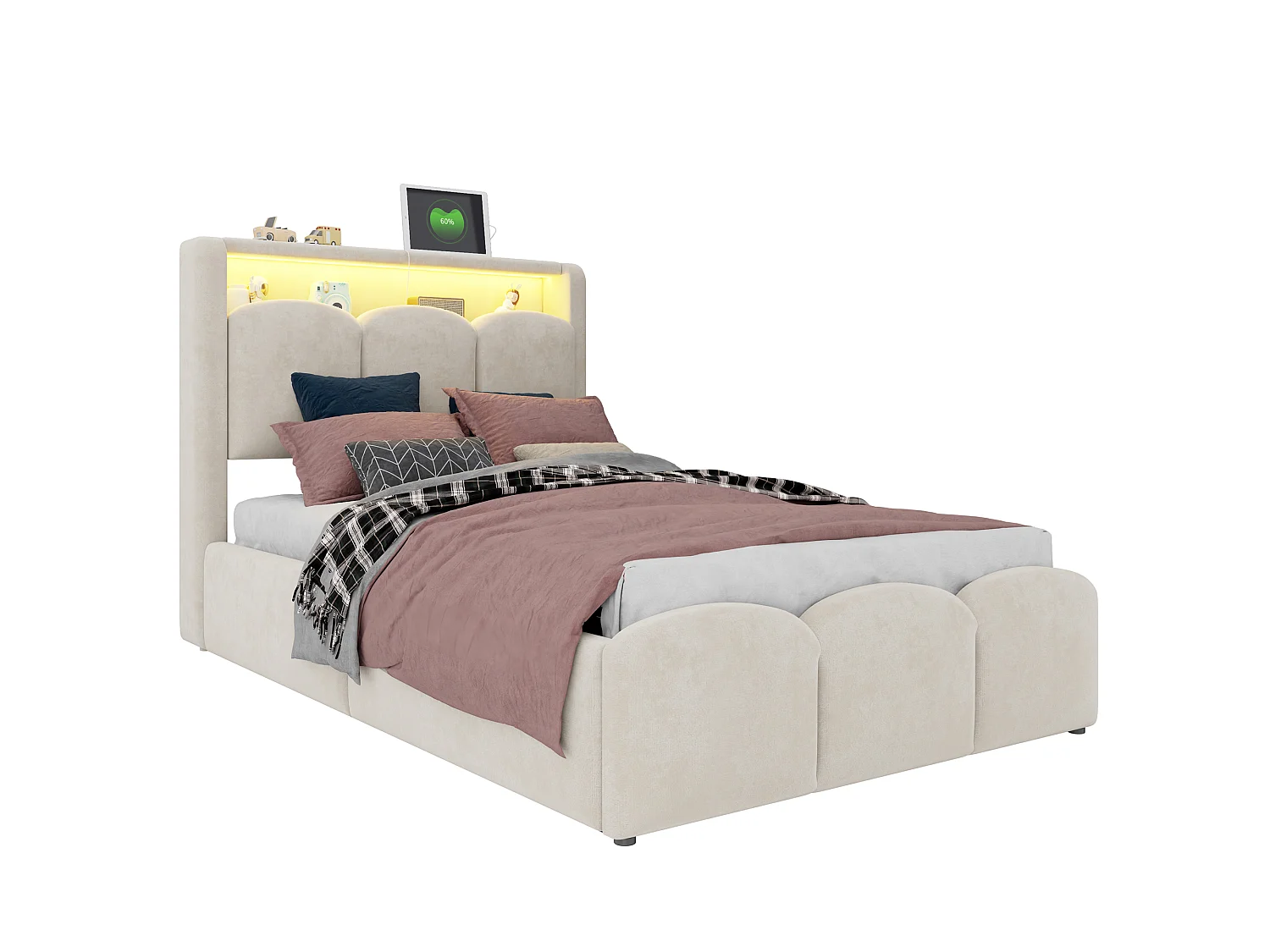 Lit coffre capitonné 90x200 - avec ports USB + Type-C - avec éclairage LED - Beige (matelas non inclus)