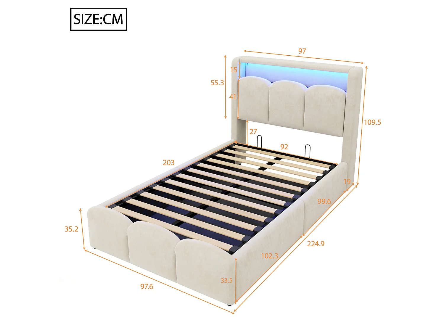 Lit coffre capitonné 90x200 - avec ports USB + Type-C - avec éclairage LED - Beige (matelas non inclus)