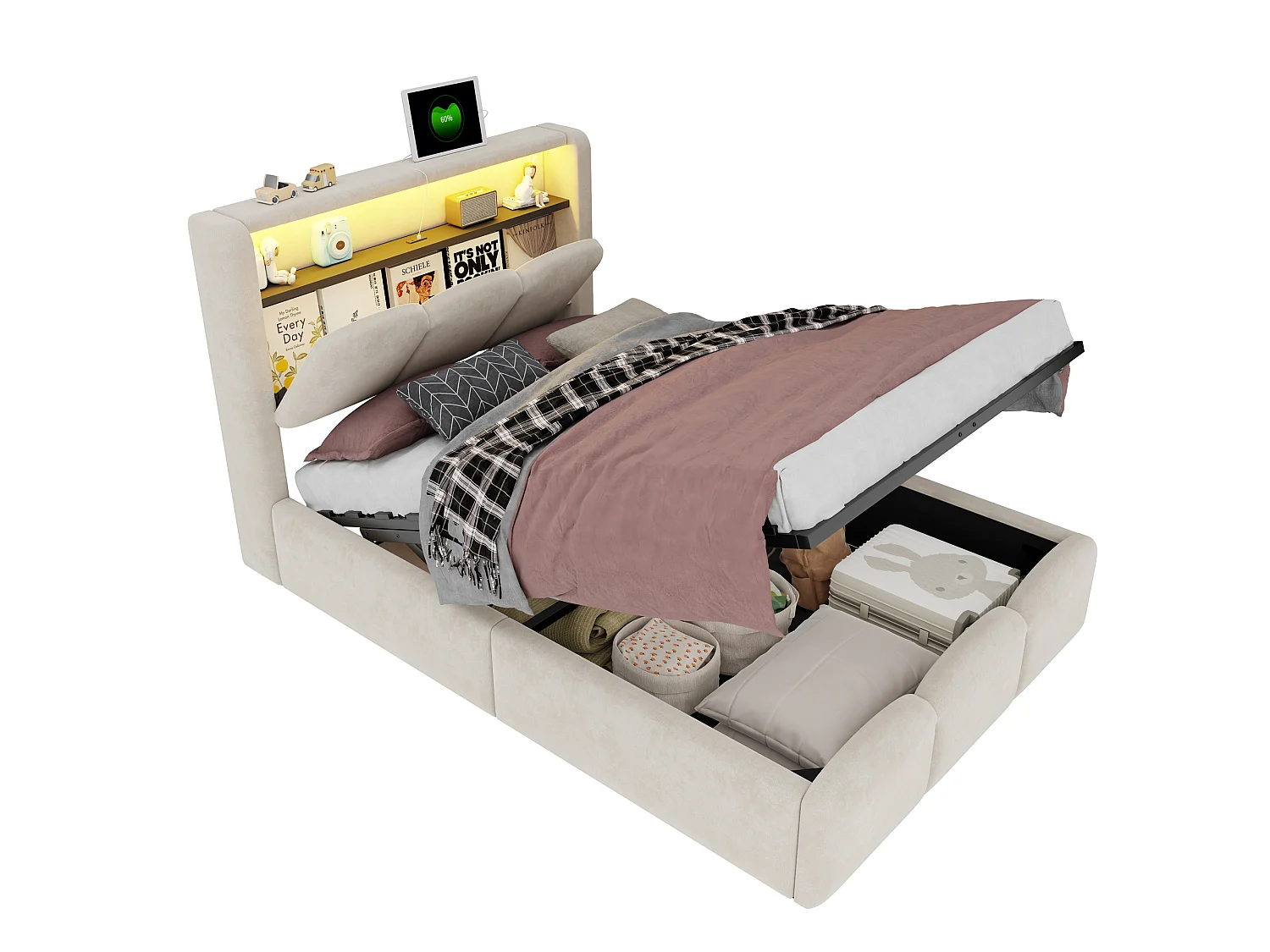 Lit coffre capitonné 90x200 - avec ports USB + Type-C - avec éclairage LED - Beige (matelas non inclus)