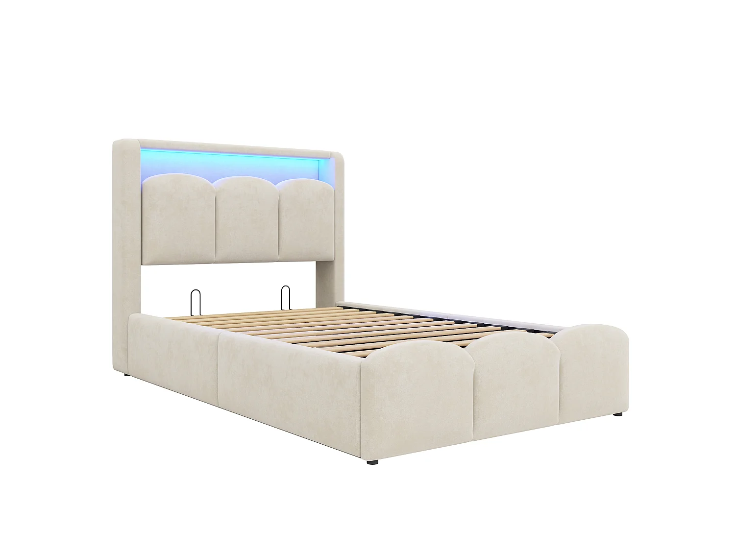 Lit coffre capitonné 90x200 - avec ports USB + Type-C - avec éclairage LED - Beige (matelas non inclus)