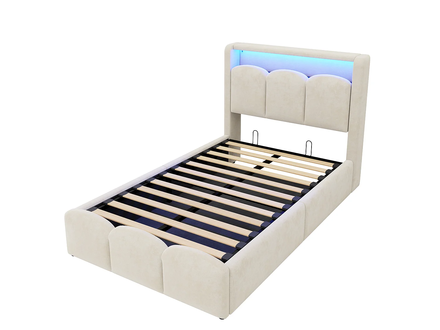 Lit coffre capitonné 90x200 - avec ports USB + Type-C - avec éclairage LED - Beige (matelas non inclus)