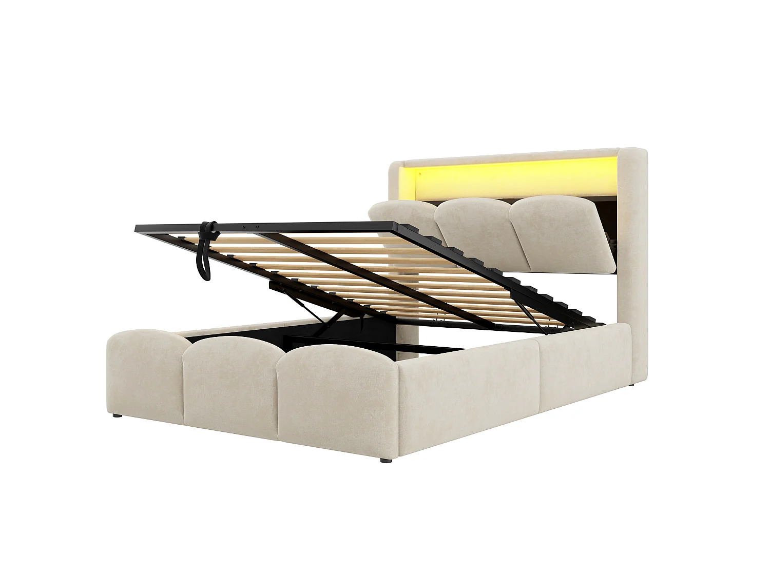 Lit coffre capitonné 90x200 - avec ports USB + Type-C - avec éclairage LED - Beige (matelas non inclus)