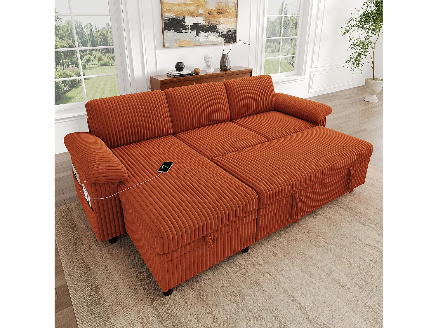 Canapé d'Angle Convertible 212x150x89cm - Canapé Réversible avec Coffre de Rangement, Ports USB/Type-C, Dossier Inclinable, Tissu Velours Côtelé - Orange