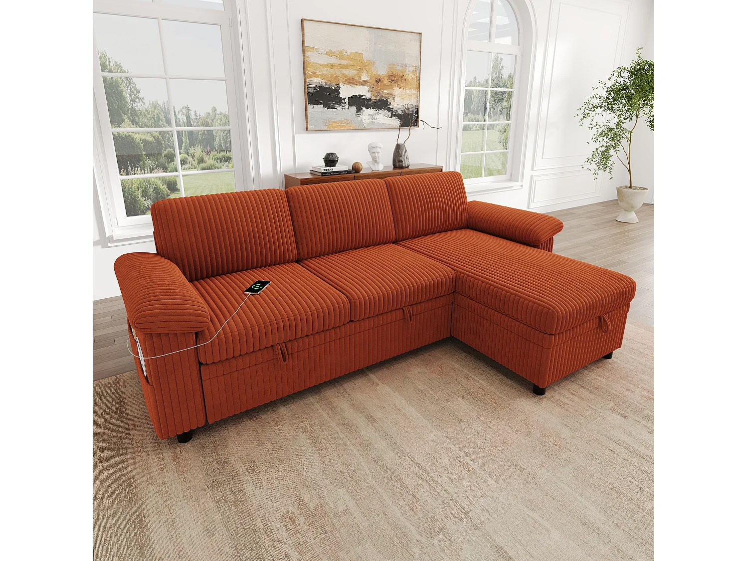 Canapé d'Angle Convertible 212x150x89cm - Canapé Réversible avec Coffre de Rangement, Ports USB/Type-C, Dossier Inclinable, Tissu Velours Côtelé - Orange