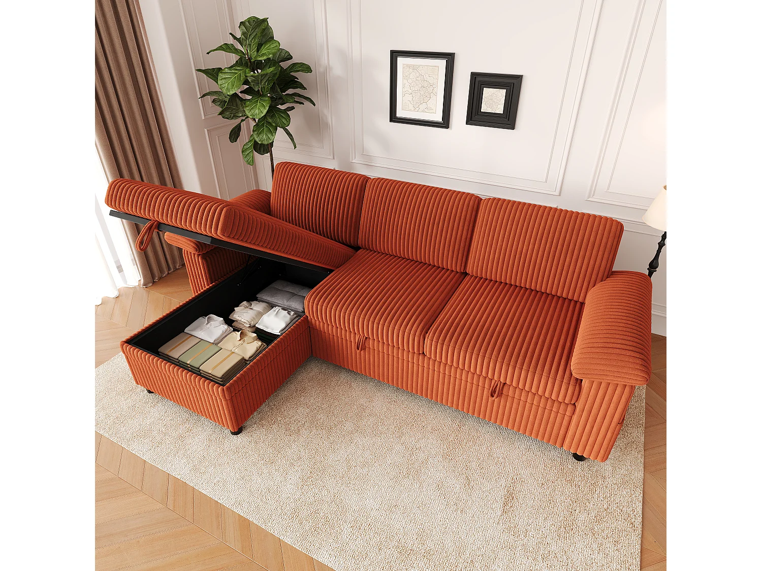 Canapé d'Angle Convertible 212x150x89cm - Canapé Réversible avec Coffre de Rangement, Ports USB/Type-C, Dossier Inclinable, Tissu Velours Côtelé - Orange