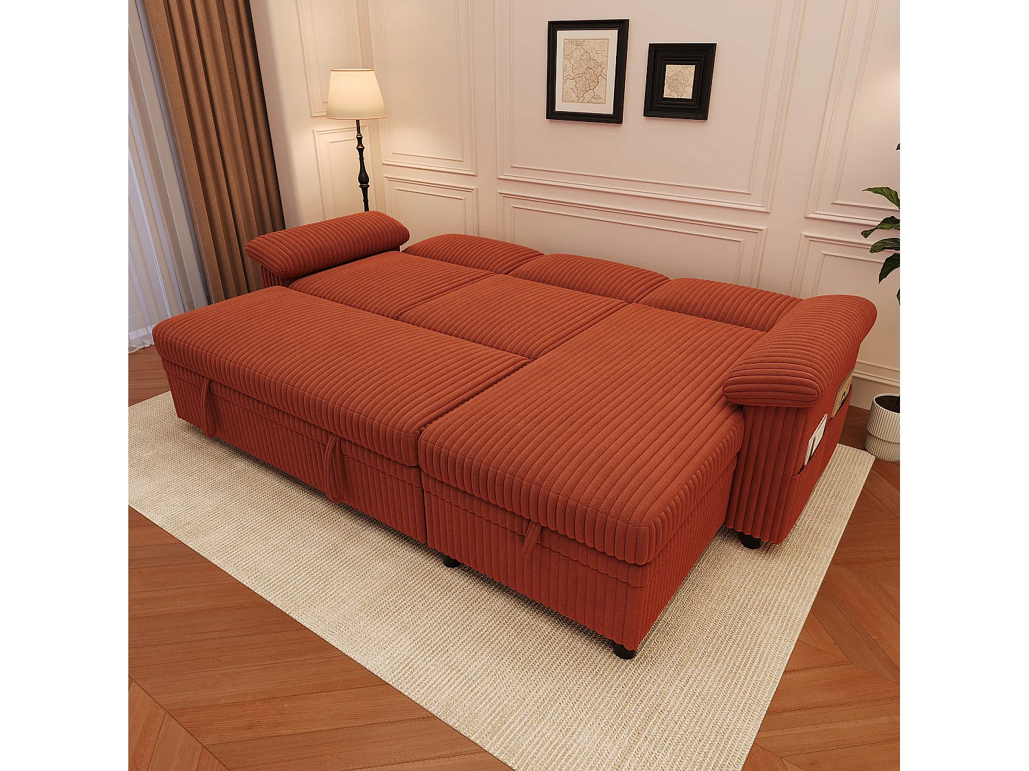 Canapé d'Angle Convertible 212x150x89cm - Canapé Réversible avec Coffre de Rangement, Ports USB/Type-C, Dossier Inclinable, Tissu Velours Côtelé - Orange