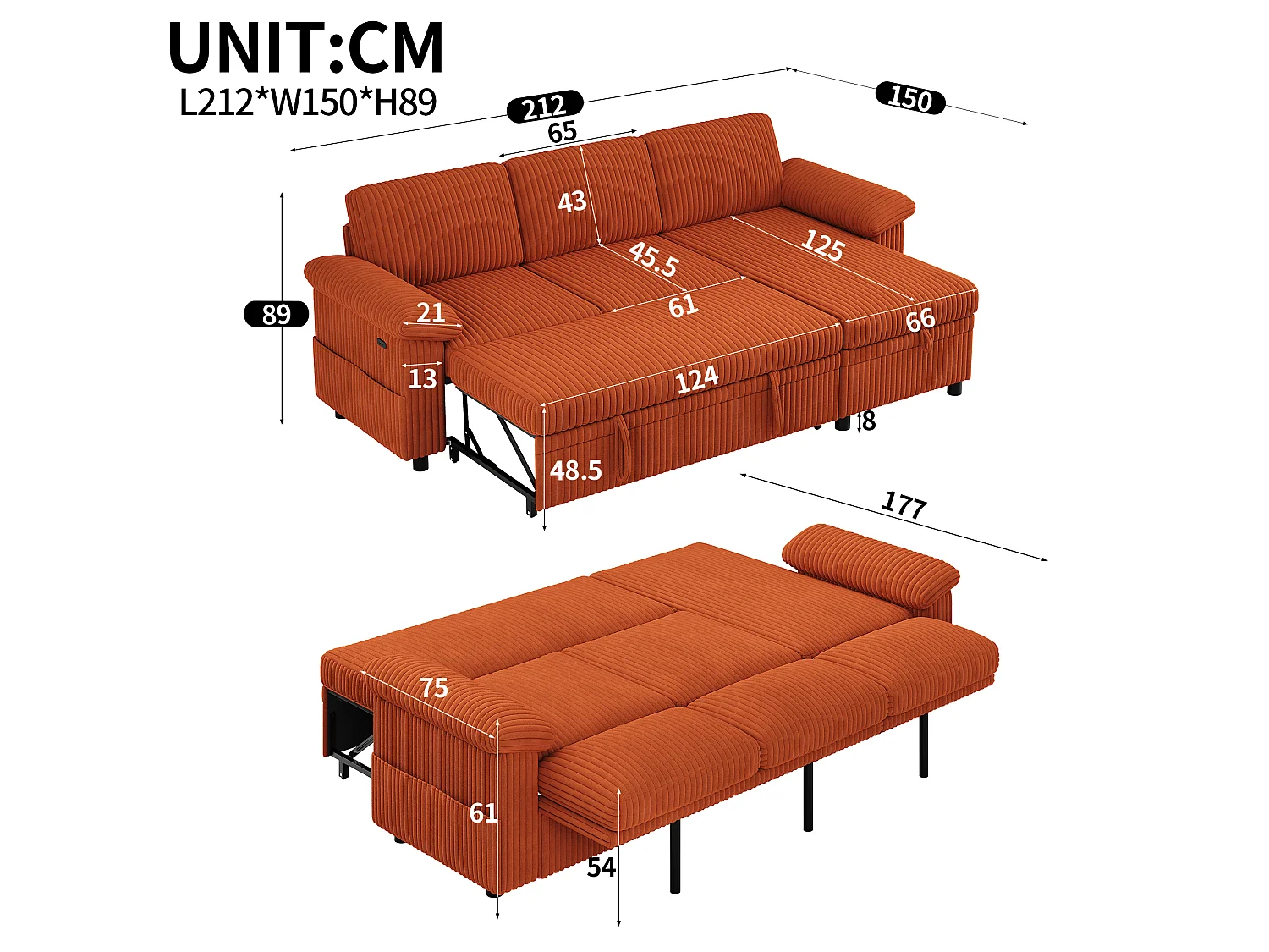 Canapé d'Angle Convertible 212x150x89cm - Canapé Réversible avec Coffre de Rangement, Ports USB/Type-C, Dossier Inclinable, Tissu Velours Côtelé - Orange