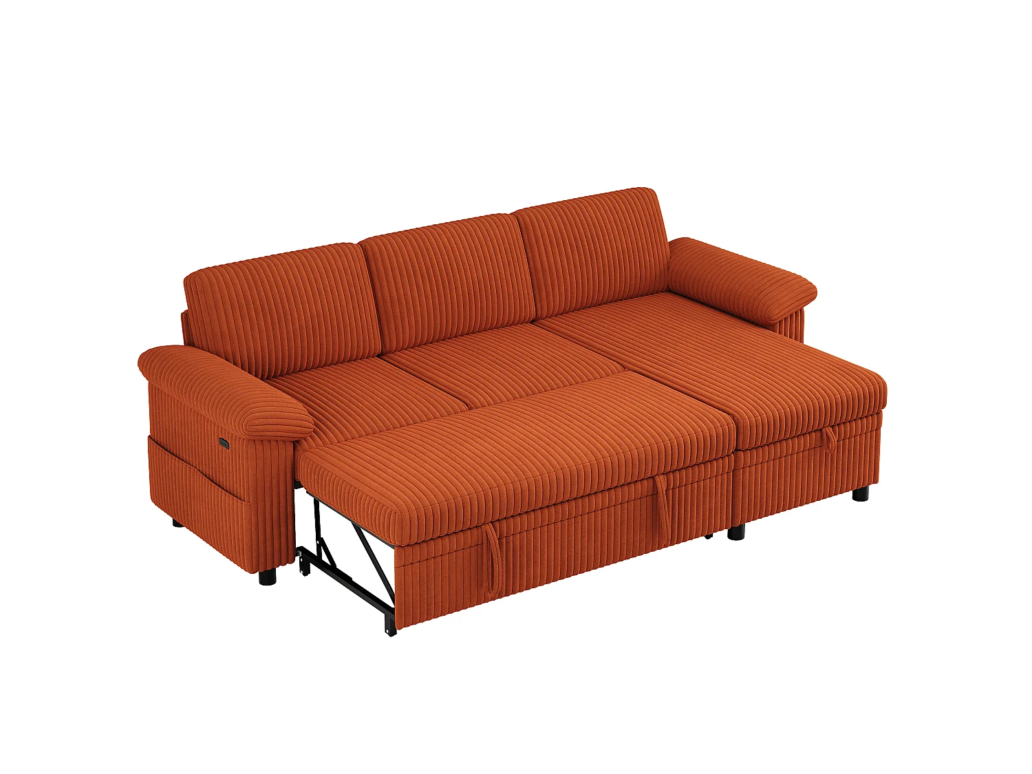 Canapé d'Angle Convertible 212x150x89cm - Canapé Réversible avec Coffre de Rangement, Ports USB/Type-C, Dossier Inclinable, Tissu Velours Côtelé - Orange