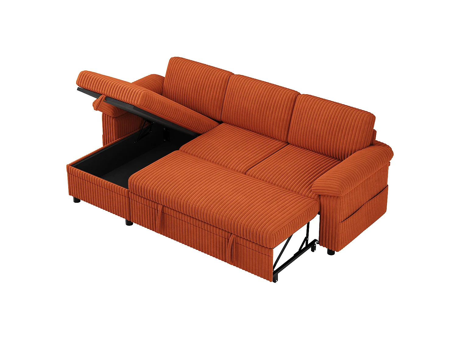 Canapé d'Angle Convertible 212x150x89cm - Canapé Réversible avec Coffre de Rangement, Ports USB/Type-C, Dossier Inclinable, Tissu Velours Côtelé - Orange