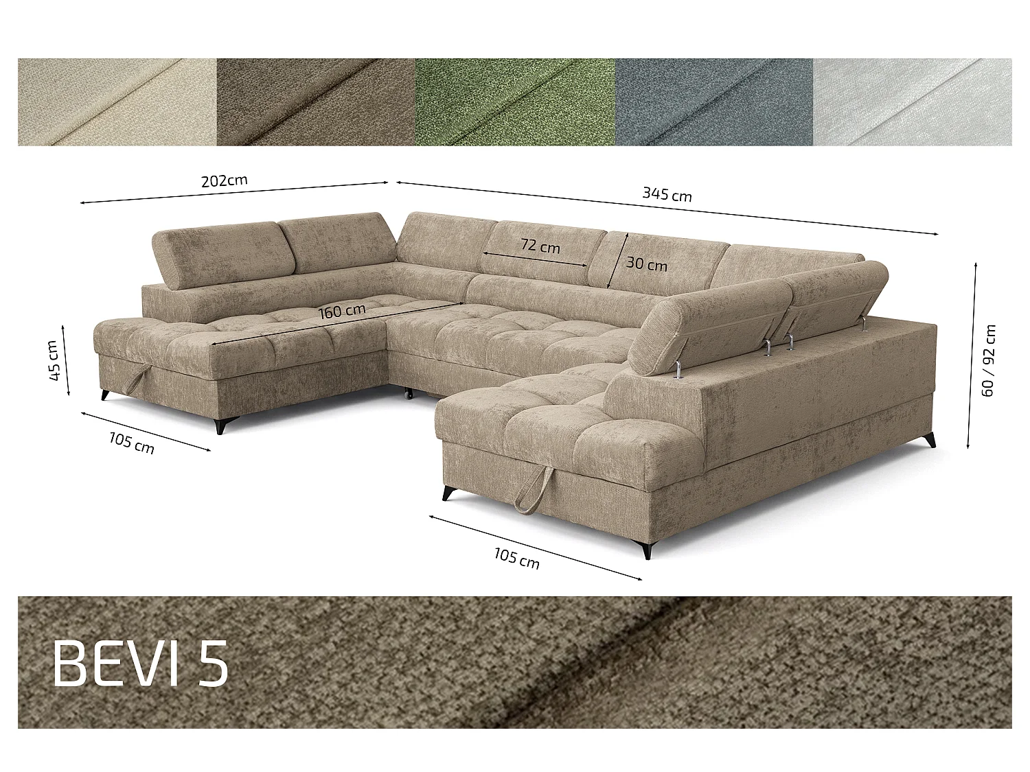 Canapé d'angle en U convertible 6 places tissu chenille taupe BEVIANO U