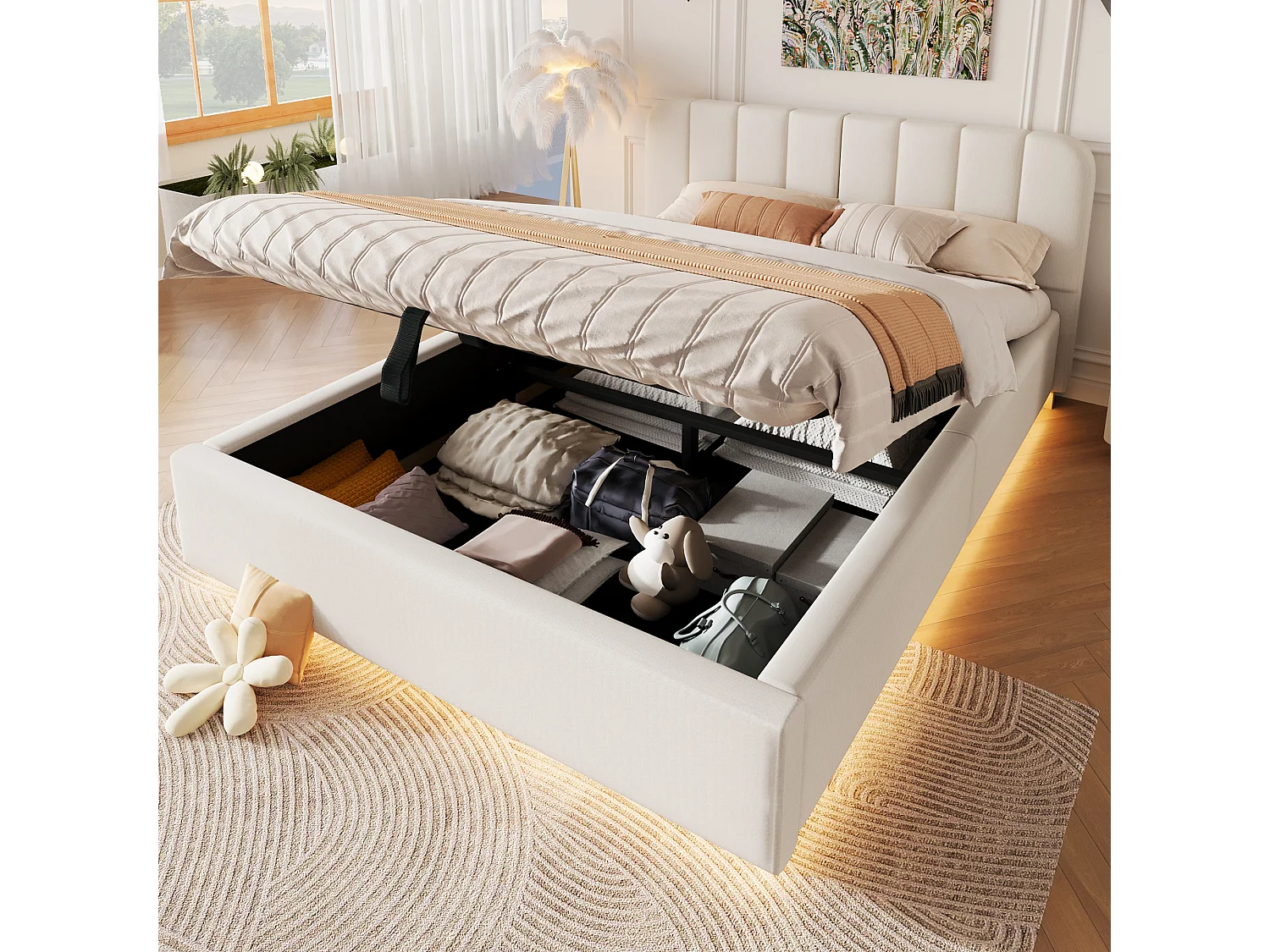 Lit coffre capitonné 140 x 200 cm - avec tête de lit capitonnée - avec bande lumineuse LED - beige (matelas non inclus)