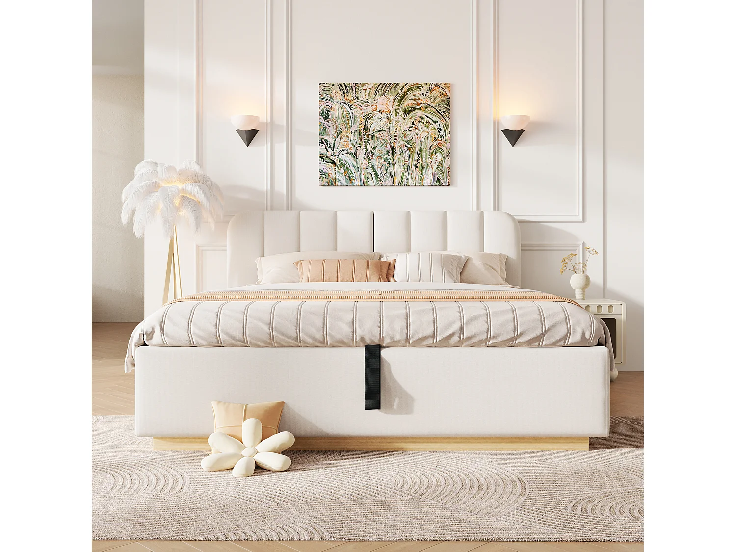 Lit coffre capitonné 140 x 200 cm - avec tête de lit capitonnée - avec bande lumineuse LED - beige (matelas non inclus)