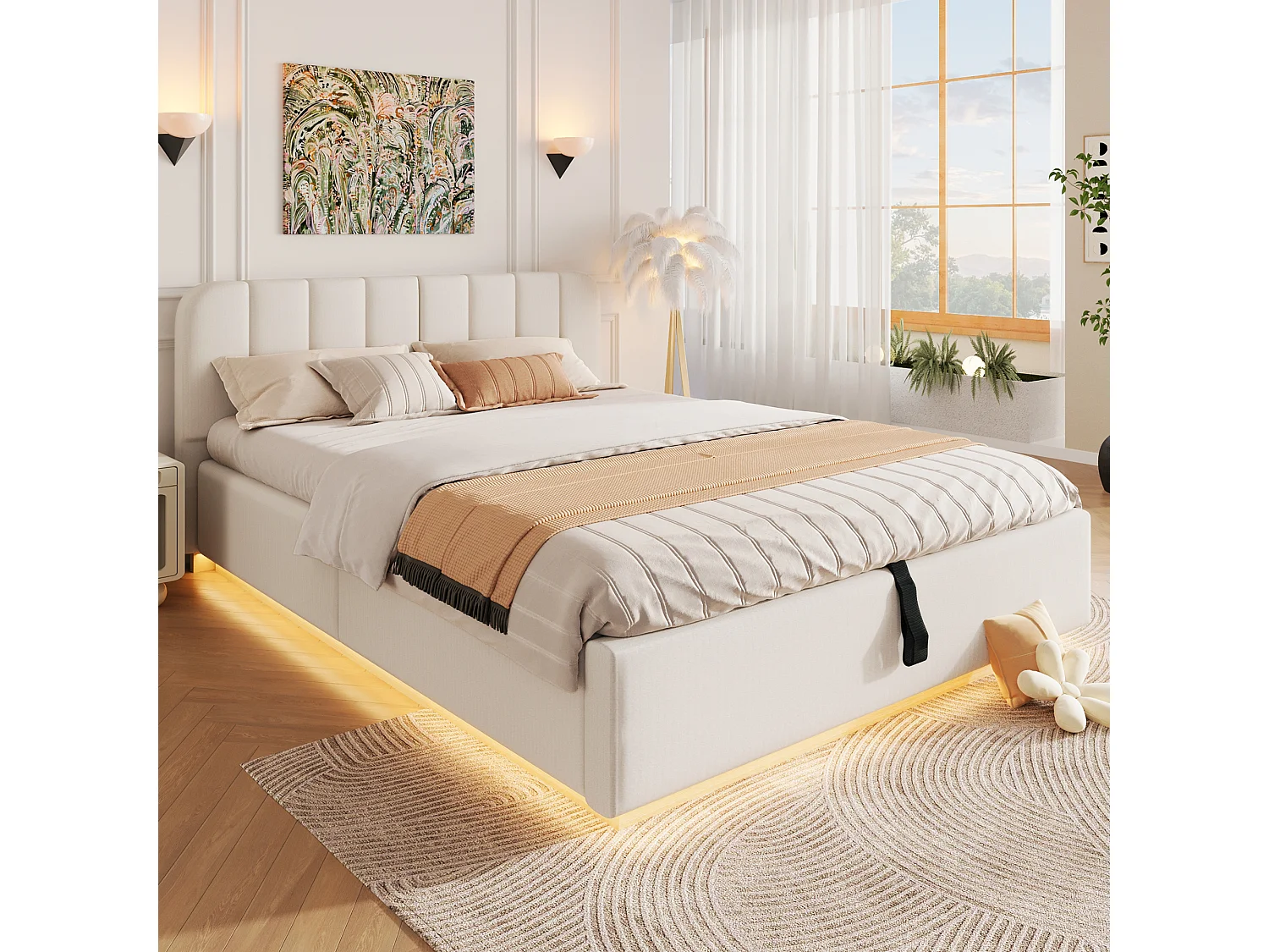 Lit coffre capitonné 140 x 200 cm - avec tête de lit capitonnée - avec bande lumineuse LED - beige (matelas non inclus)