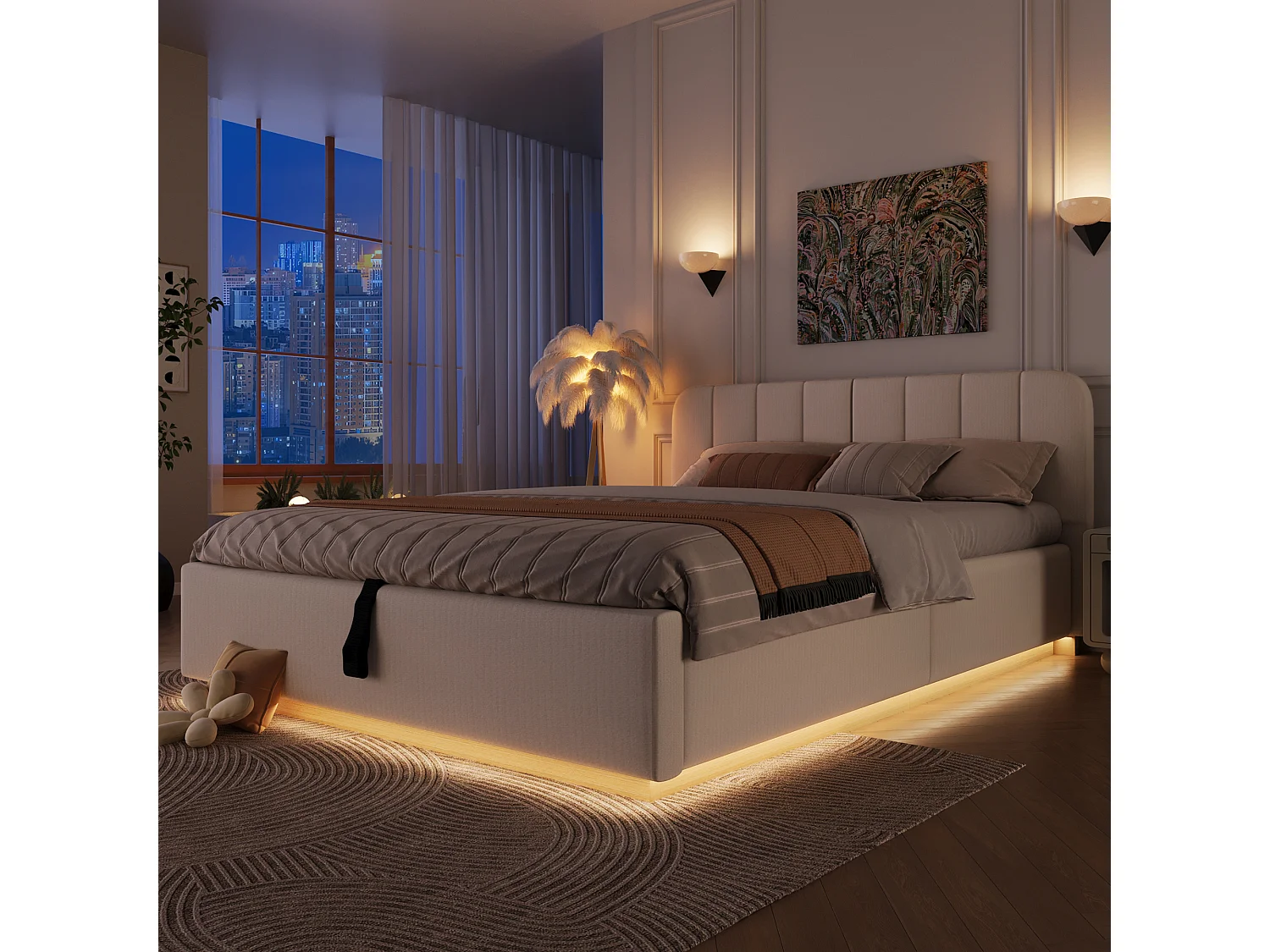 Lit coffre capitonné 140 x 200 cm - avec tête de lit capitonnée - avec bande lumineuse LED - beige (matelas non inclus)