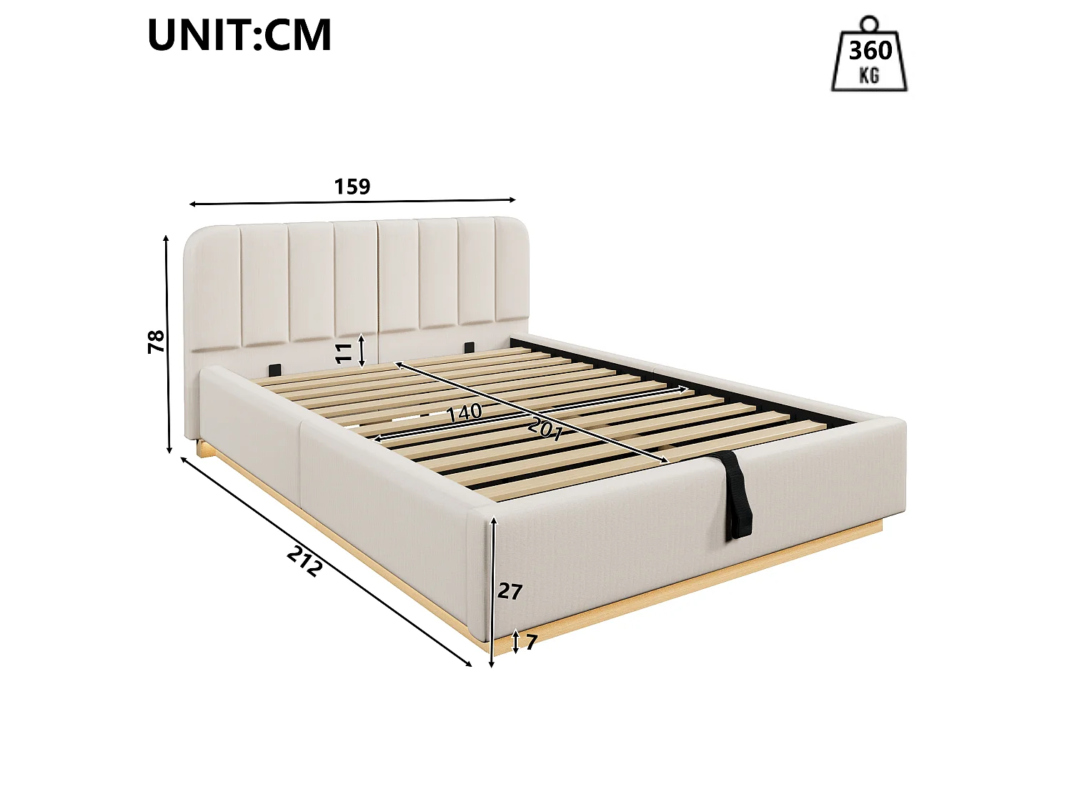 Lit coffre capitonné 140 x 200 cm - avec tête de lit capitonnée - avec bande lumineuse LED - beige (matelas non inclus)