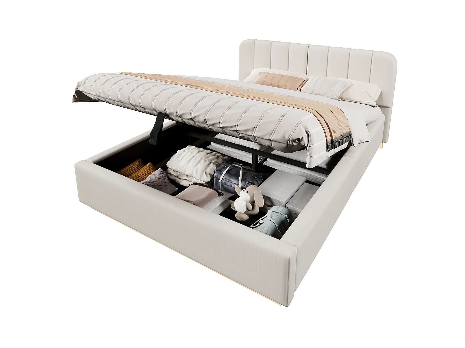 Lit coffre capitonné 140 x 200 cm - avec tête de lit capitonnée - avec bande lumineuse LED - beige (matelas non inclus)