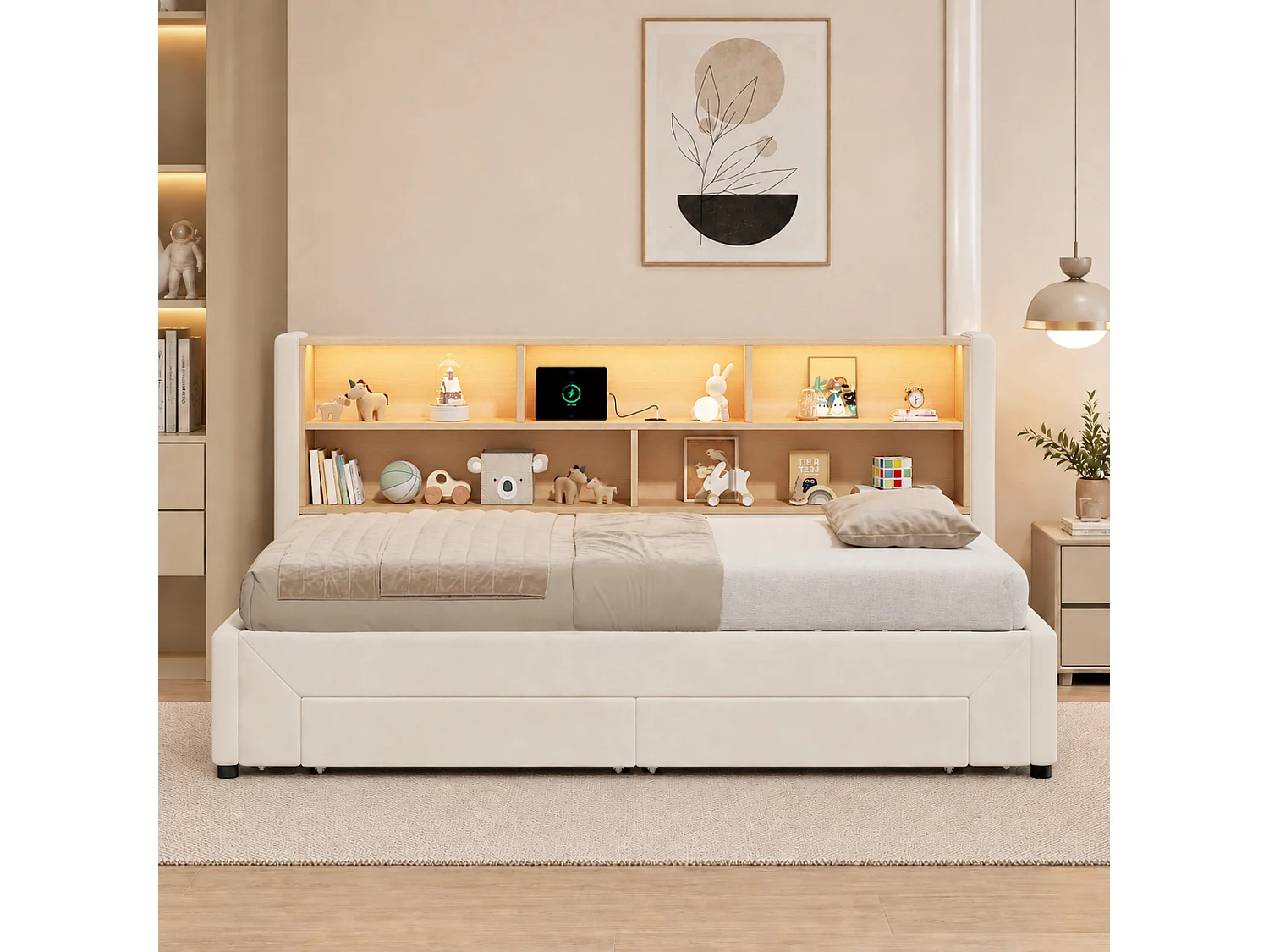 Capitoneret sovesofa 90 x 200 cm - med 2 opbevaringsskuffer - USB-port og LED - Velourstof - Beige (madras ikke inkluderet)