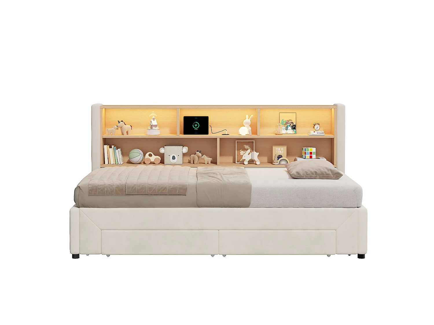 Capitoneret sovesofa 90 x 200 cm - med 2 opbevaringsskuffer - USB-port og LED - Velourstof - Beige (madras ikke inkluderet)