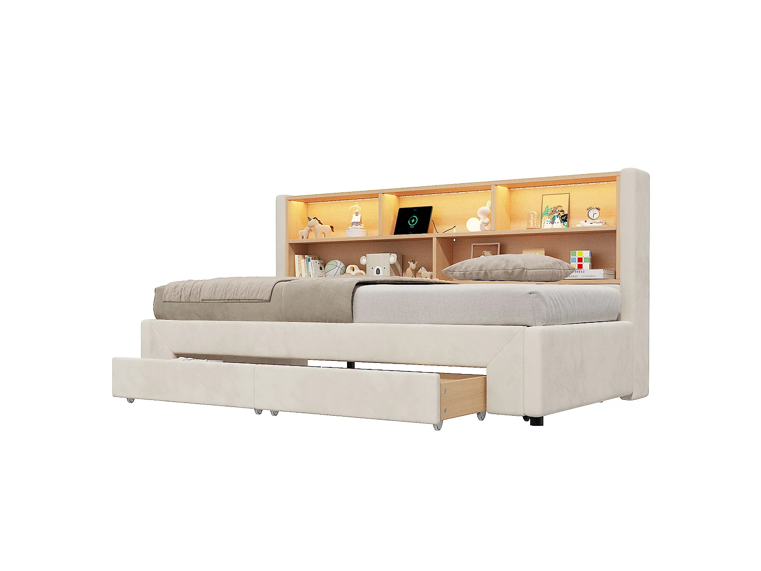 Capitoneret sovesofa 90 x 200 cm - med 2 opbevaringsskuffer - USB-port og LED - Velourstof - Beige (madras ikke inkluderet)