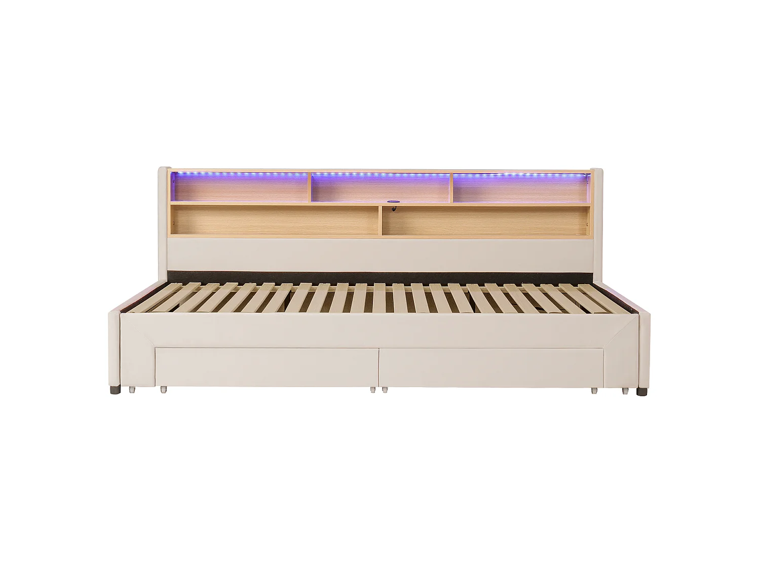 Capitoneret sovesofa 90 x 200 cm - med 2 opbevaringsskuffer - USB-port og LED - Velourstof - Beige (madras ikke inkluderet)