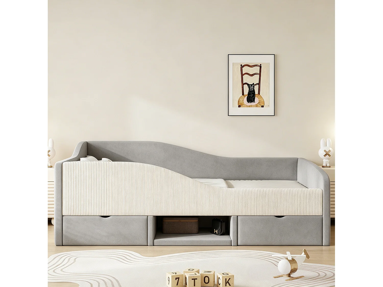 Børneseng polstret 90x190 cm - med 2 skuffer - med sikkerhedsskinner - velourstof - grå (madras ikke inkluderet)