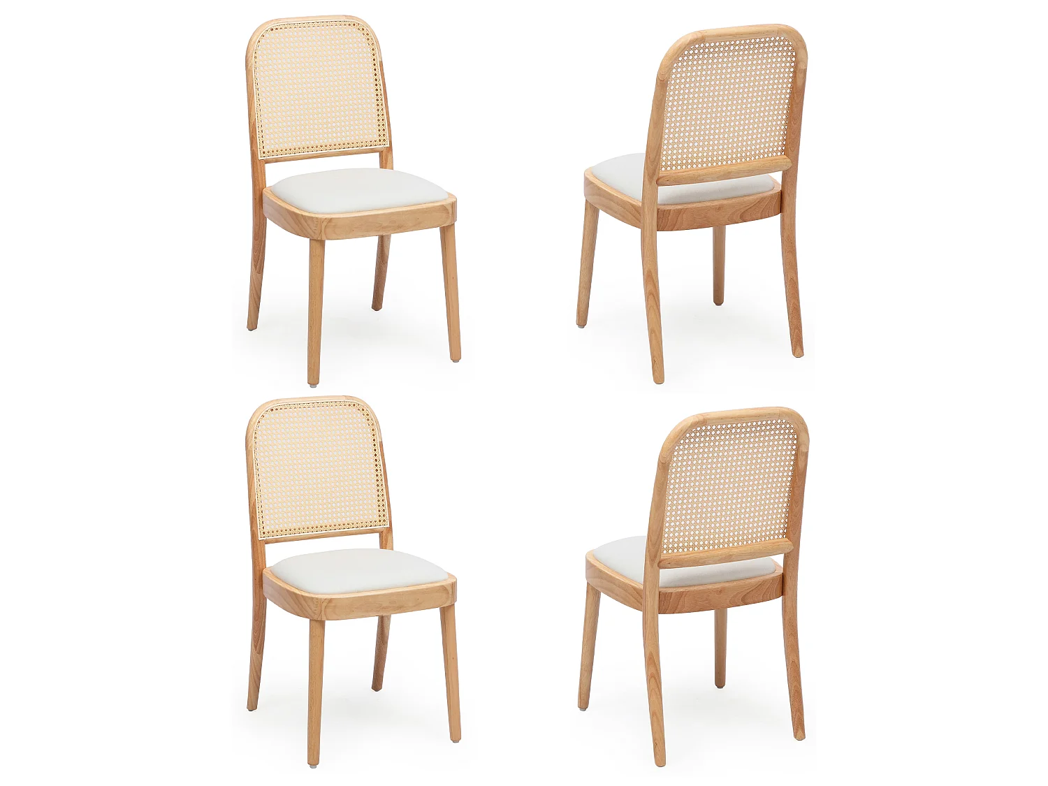 Lot de 4 chaises de salle à manger en bois massif - Dossier en résine tressée - Revêtement en lin - Naturel