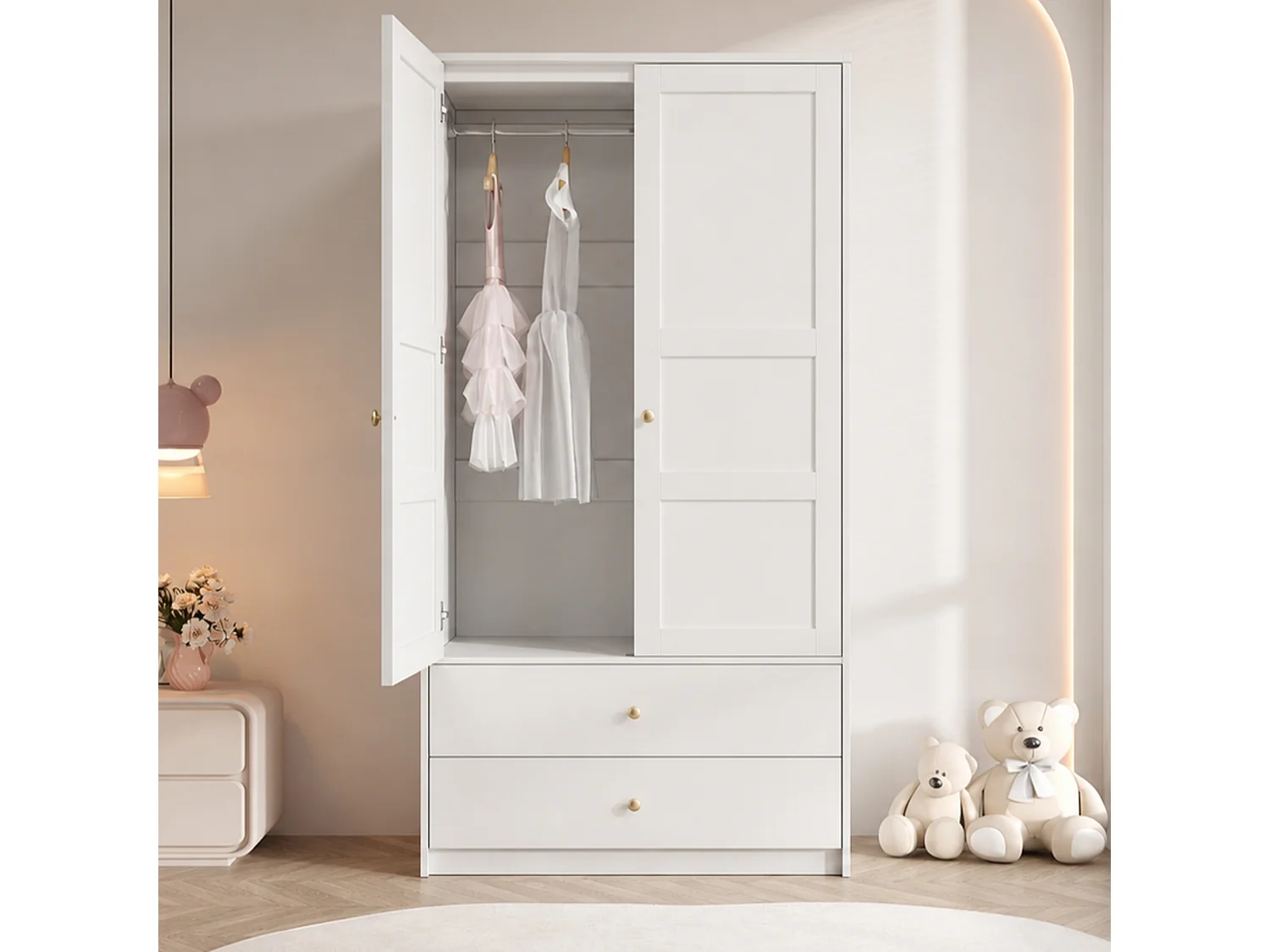 Armoire avec 2 portes 100 x 48 x 180 cm - Avec 2 tiroirs et penderie - Meuble de chambre - MDF - Blanc