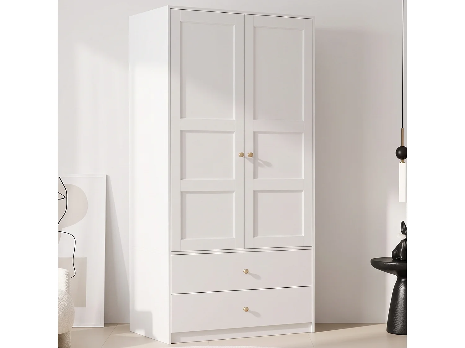 Armoire avec 2 portes 100 x 48 x 180 cm - Avec 2 tiroirs et penderie - Meuble de chambre - MDF - Blanc