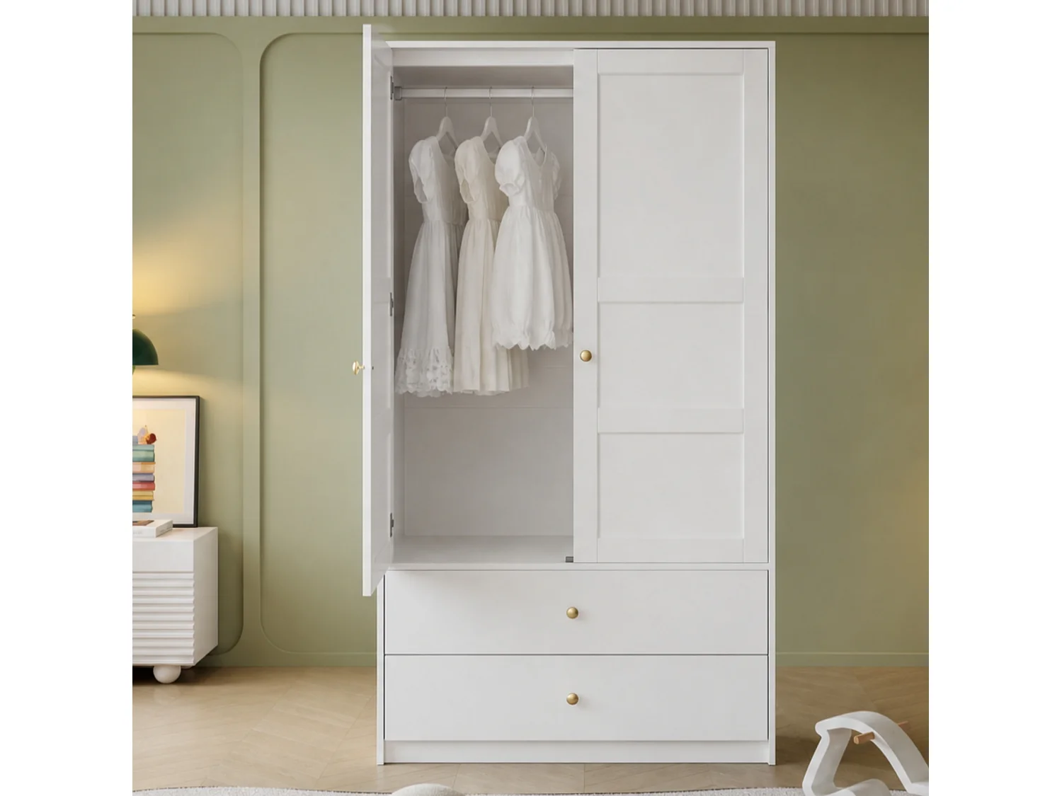Armoire avec 2 portes 100 x 48 x 180 cm - Avec 2 tiroirs et penderie - Meuble de chambre - MDF - Blanc