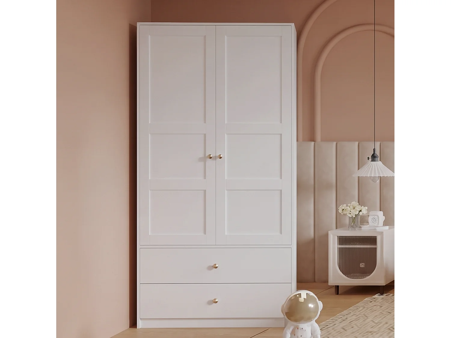 Armoire avec 2 portes 100 x 48 x 180 cm - Avec 2 tiroirs et penderie - Meuble de chambre - MDF - Blanc