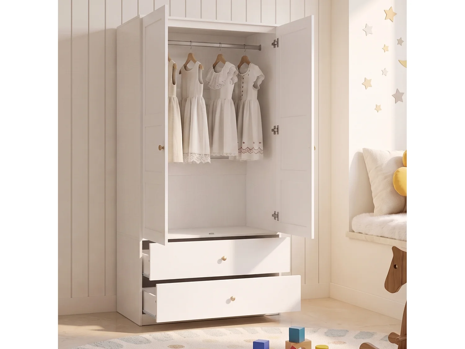 Armoire avec 2 portes 100 x 48 x 180 cm - Avec 2 tiroirs et penderie - Meuble de chambre - MDF - Blanc