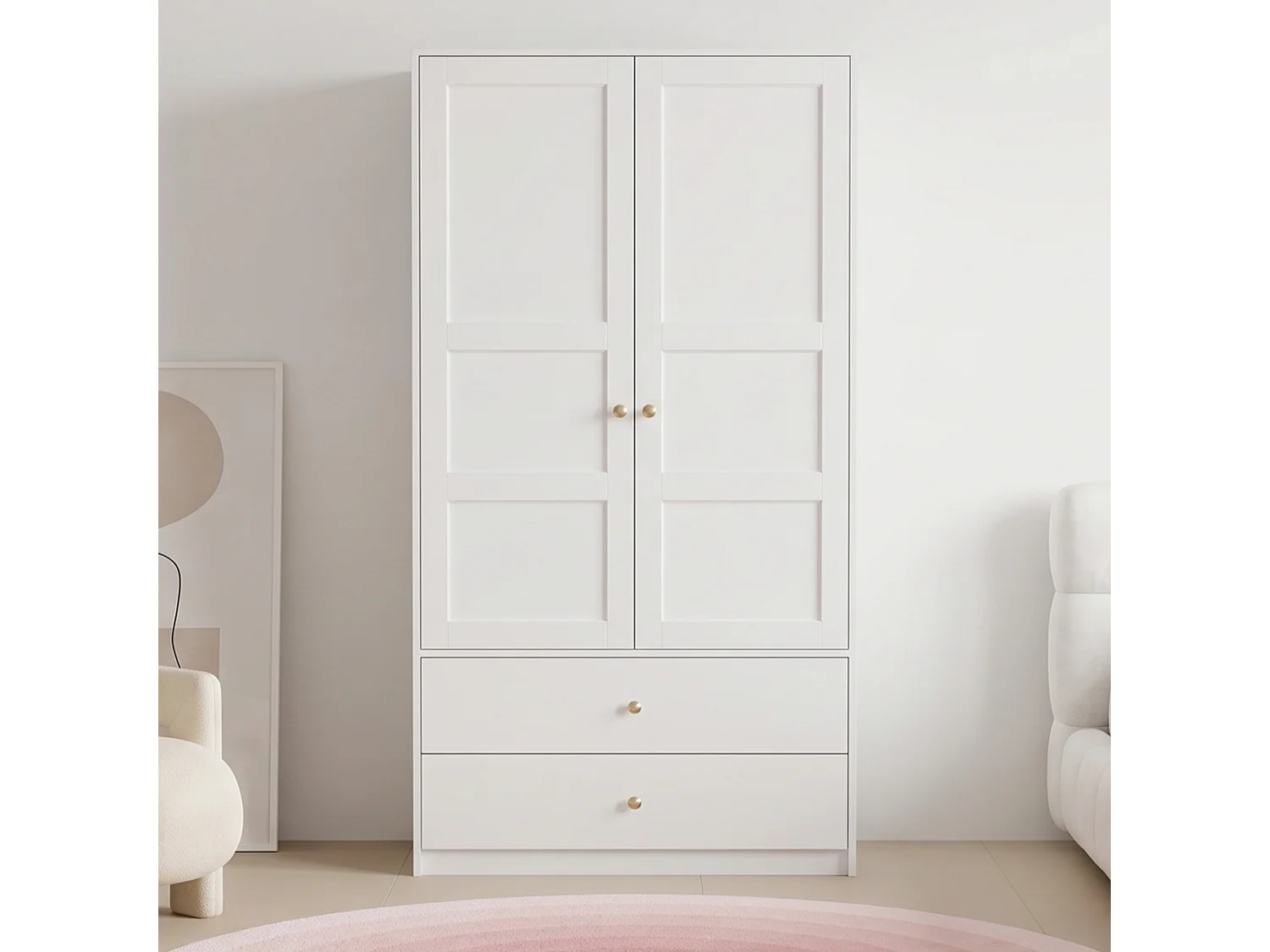 Armoire avec 2 portes 100 x 48 x 180 cm - Avec 2 tiroirs et penderie - Meuble de chambre - MDF - Blanc