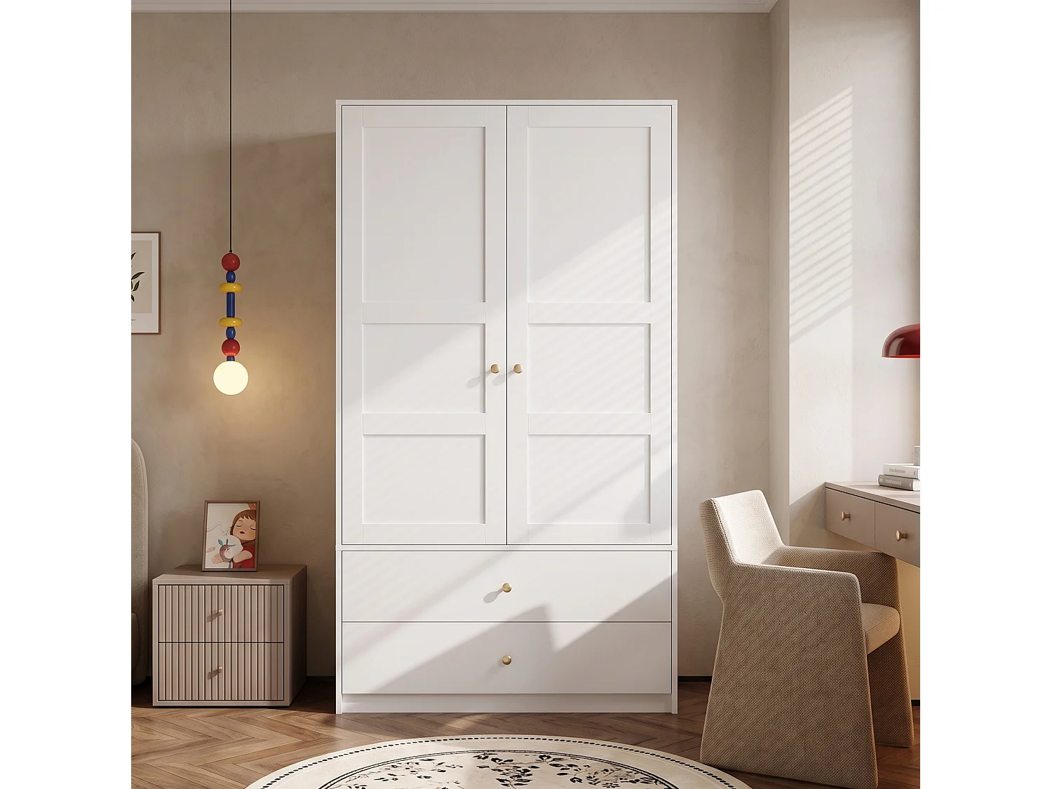Armoire avec 2 portes 100 x 48 x 180 cm - Avec 2 tiroirs et penderie - Meuble de chambre - MDF - Blanc