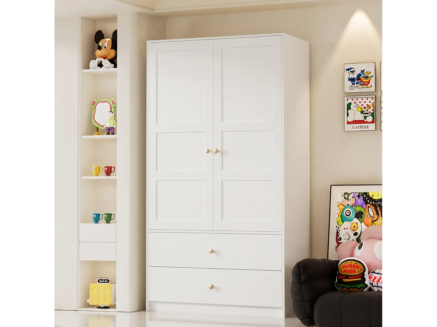 Armoire avec 2 portes 100 x 48 x 180 cm - Avec 2 tiroirs et penderie - Meuble de chambre - MDF - Blanc