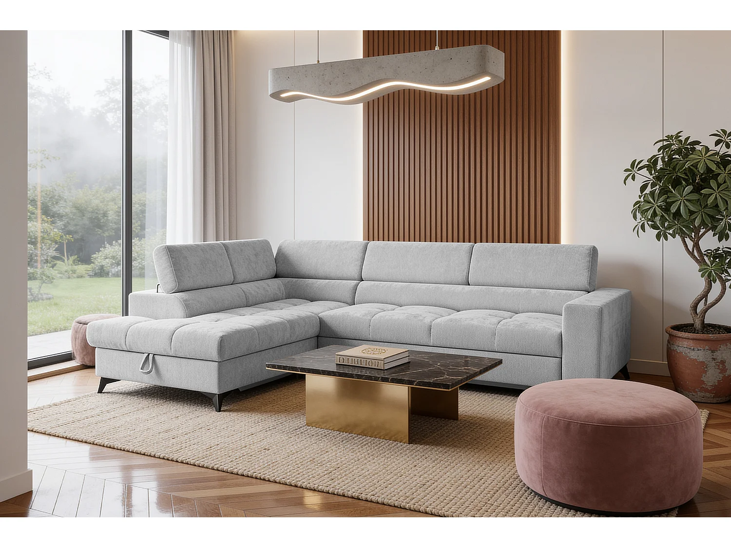 Canapé d'angle gauche convertible 5 places tissu chenille gris clair BEVIANO