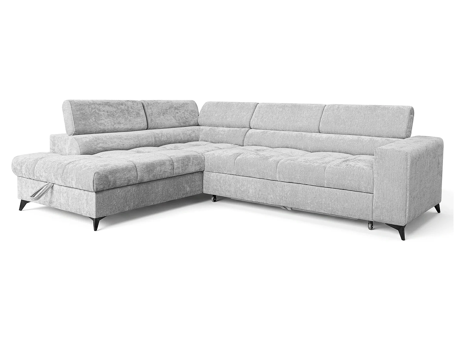 Canapé d'angle gauche convertible 5 places tissu chenille gris clair BEVIANO