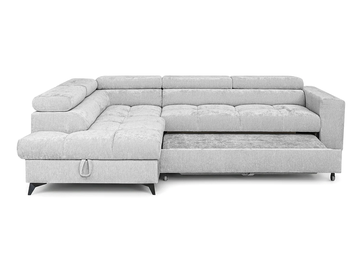 Canapé d'angle gauche convertible 5 places tissu chenille gris clair BEVIANO