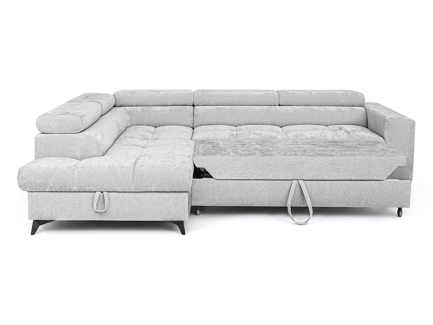 Canapé d'angle gauche convertible 5 places tissu chenille gris clair BEVIANO