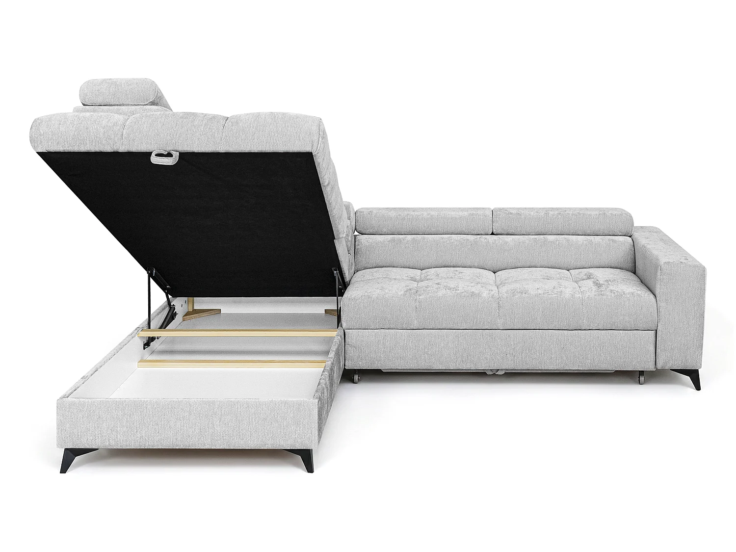 Canapé d'angle gauche convertible 5 places tissu chenille gris clair BEVIANO