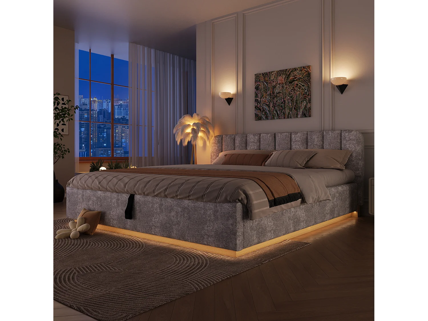 Gepolstertes Stauraumbett 180 x 200 cm - mit gepolstertem Kopfteil - mit LED-Lichtband - hellgrau (Matratze nicht enthalten)