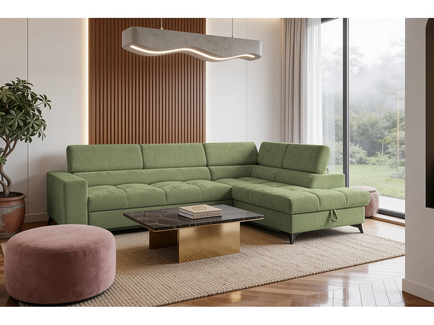 Canapé d'angle droit convertible 5 places tissu chenille vert BEVIANO