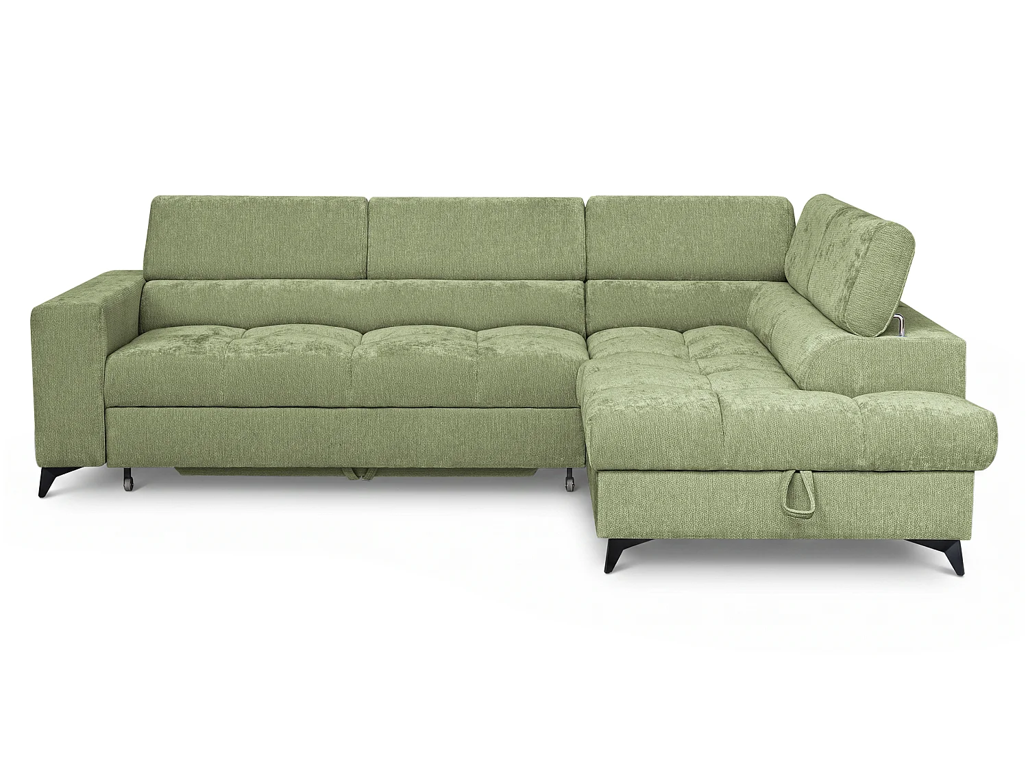 Canapé d'angle droit convertible 5 places tissu chenille vert BEVIANO