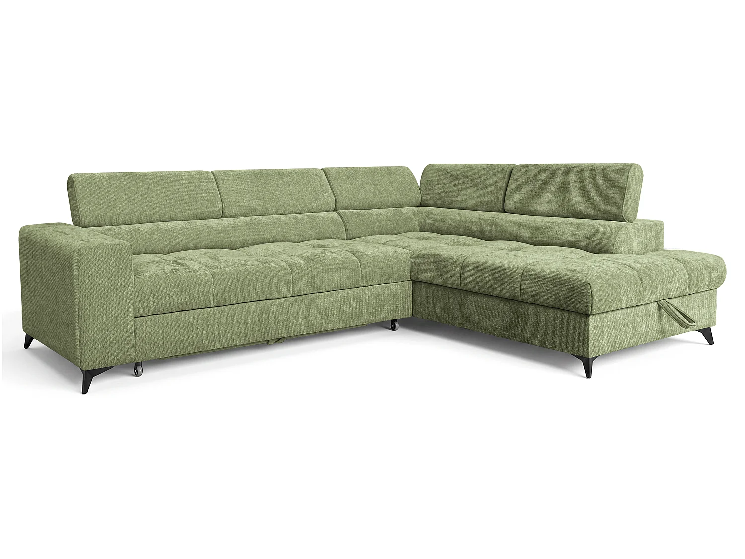 Canapé d'angle droit convertible 5 places tissu chenille vert BEVIANO