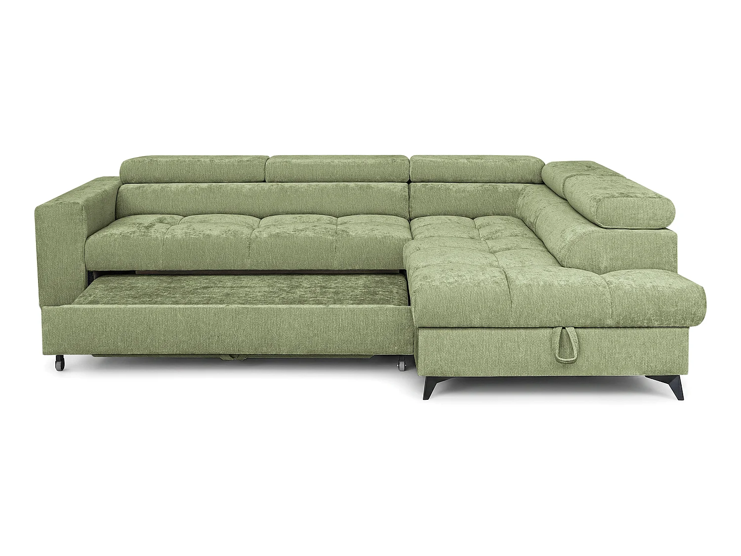 Canapé d'angle droit convertible 5 places tissu chenille vert BEVIANO