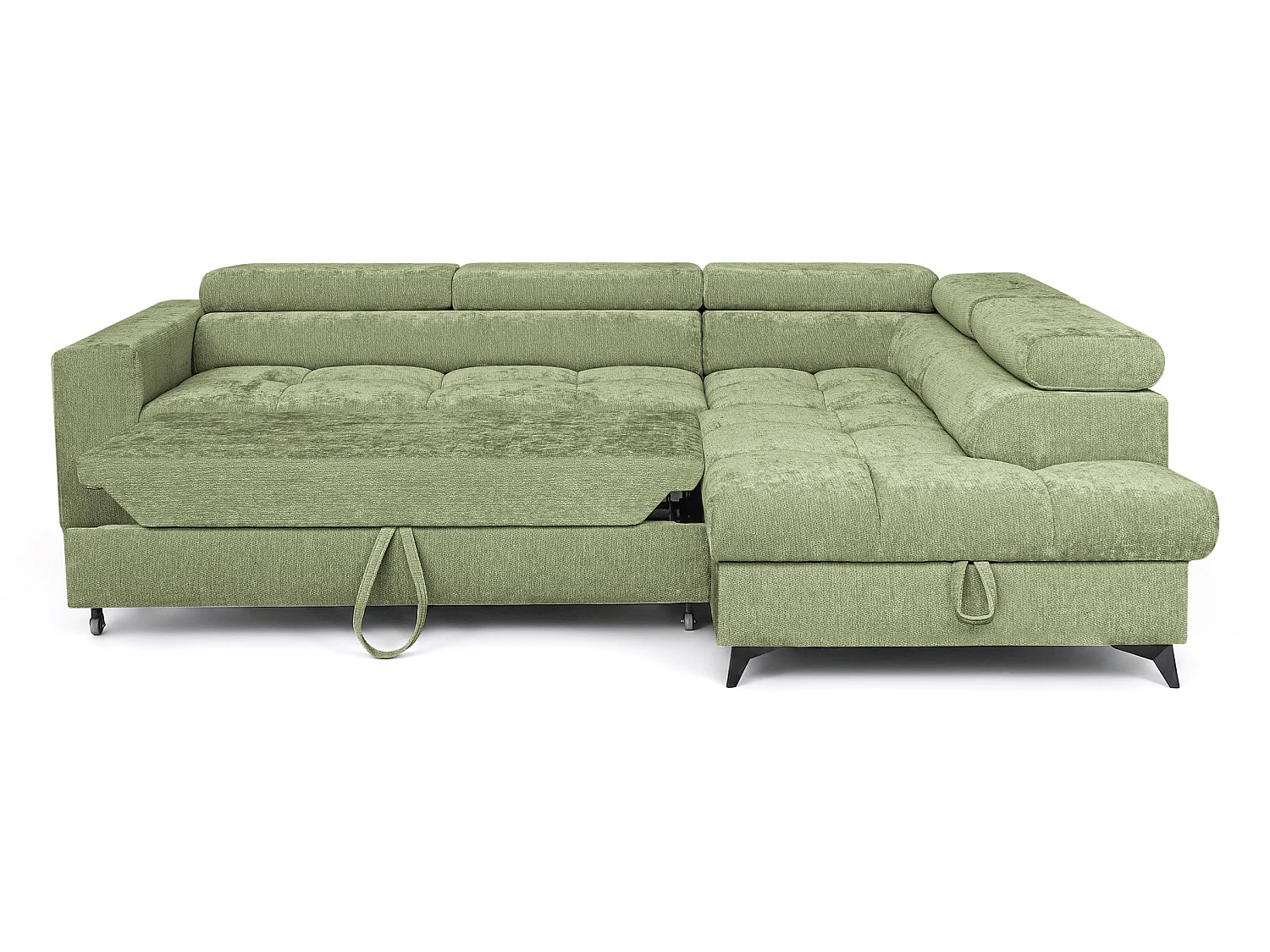 Canapé d'angle droit convertible 5 places tissu chenille vert BEVIANO