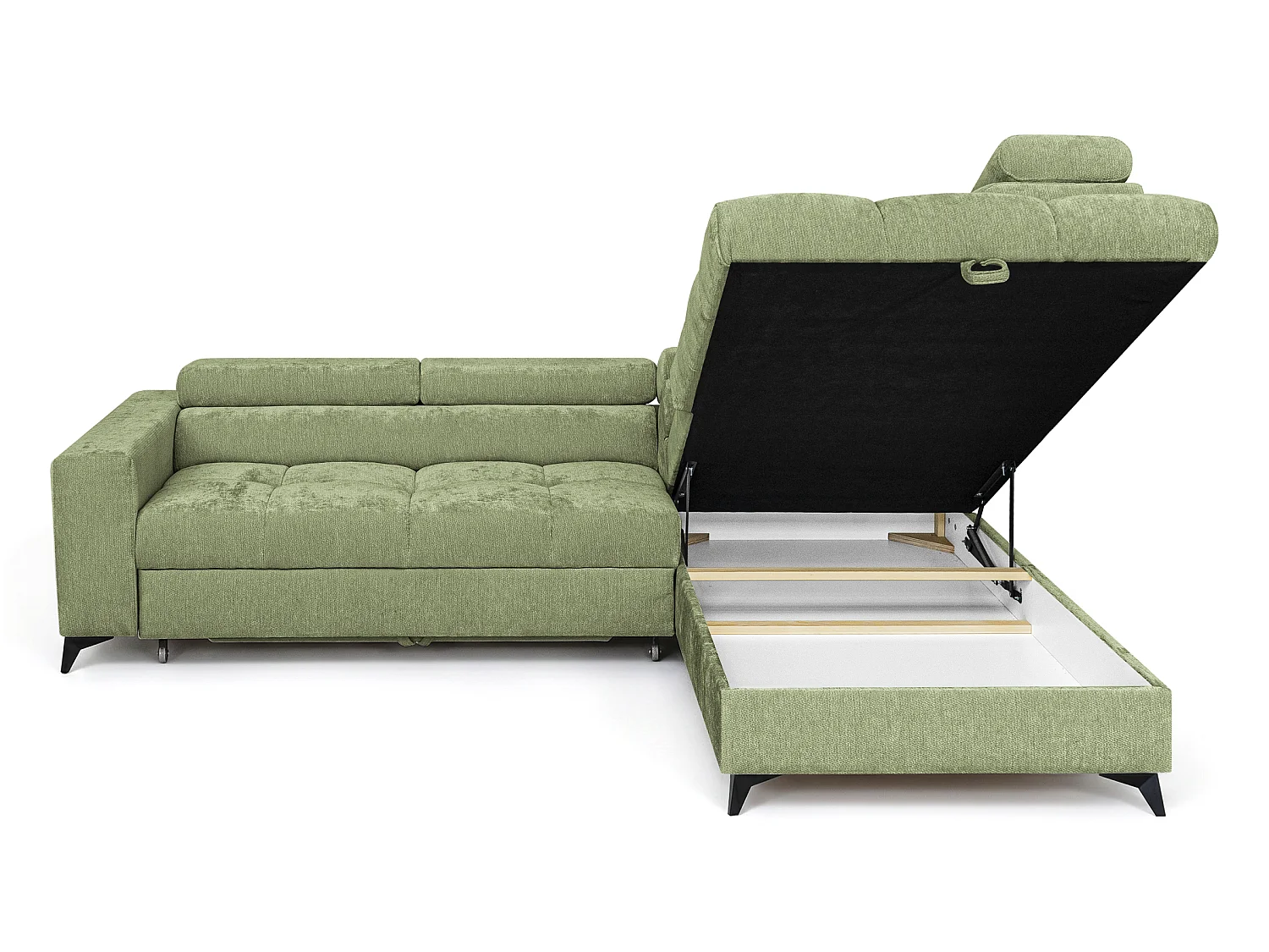 Canapé d'angle droit convertible 5 places tissu chenille vert BEVIANO