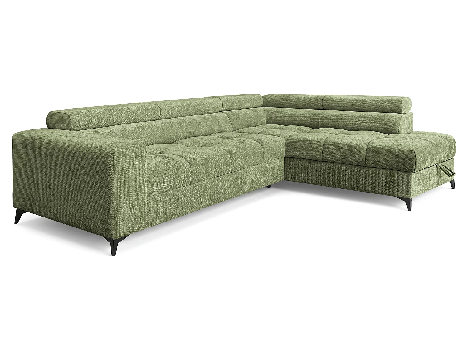 Canapé d'angle droit convertible 5 places tissu chenille vert BEVIANO