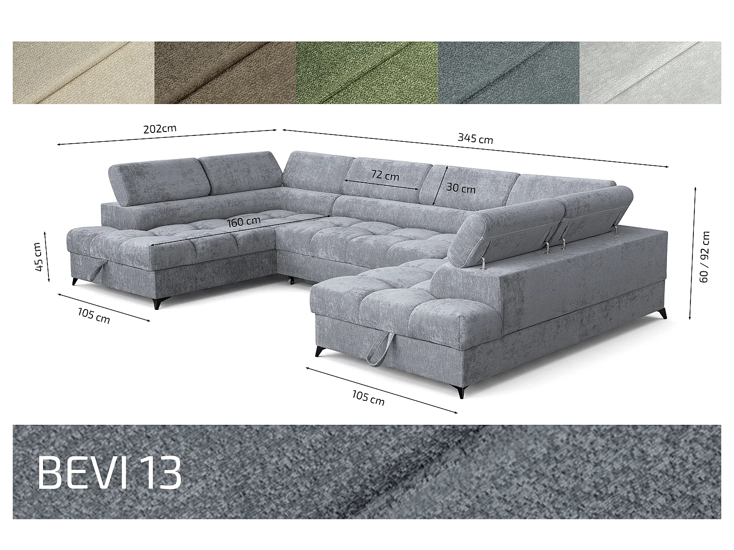 Canapé d'angle en U convertible 6 places tissu chenille gris BEVIANO U